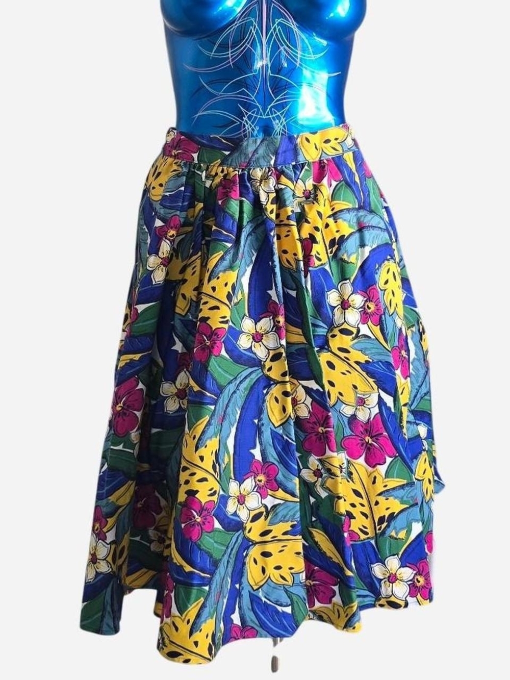 Vintage Tropical Circle Skirt in Blue, Yellow & Pink